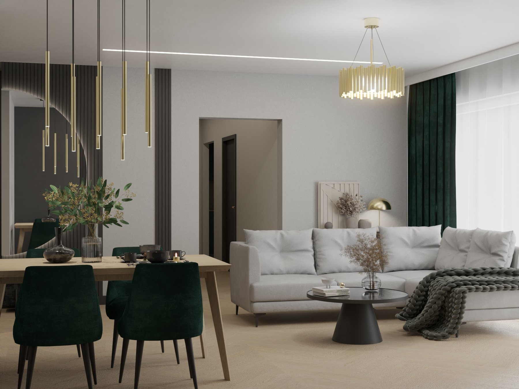 Wizualizacja wnętrza salonu z jadalnią w Białych Błotach: drewniany stół z ciemnozielonymi krzesłami, szara sofa z pledem, okrągły stolik kawowy i złote lampy wiszące.