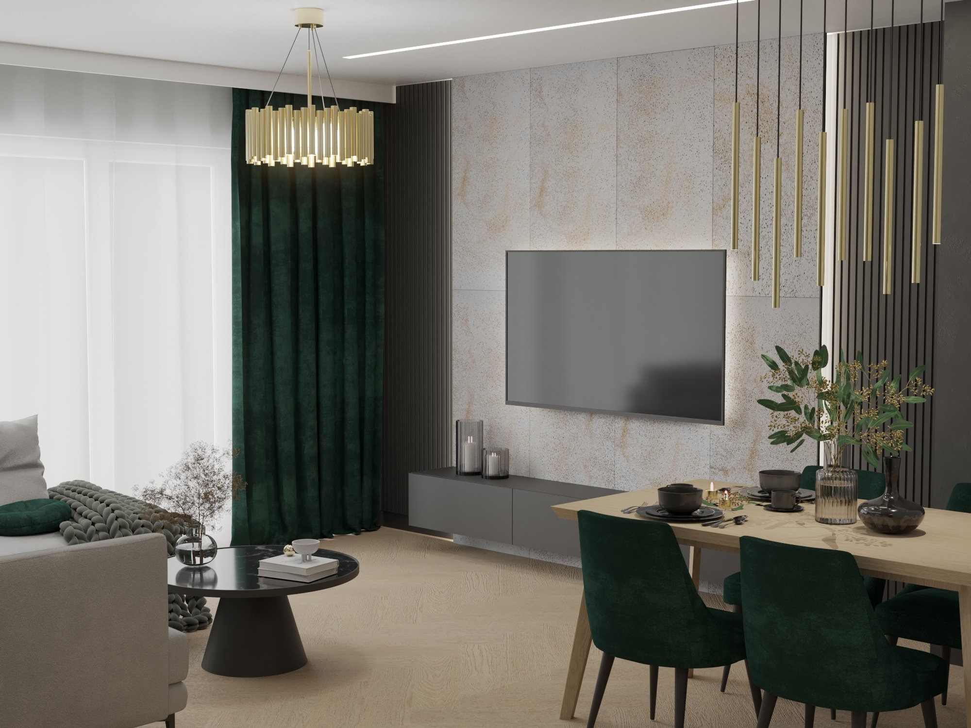 Nowoczesny salon z zielonymi akcentami: ciemnozielone zasłony, krzesła z weluru, okrągły stolik kawowy z czarnym blatem i lampa wisząca z metalowymi prętami.