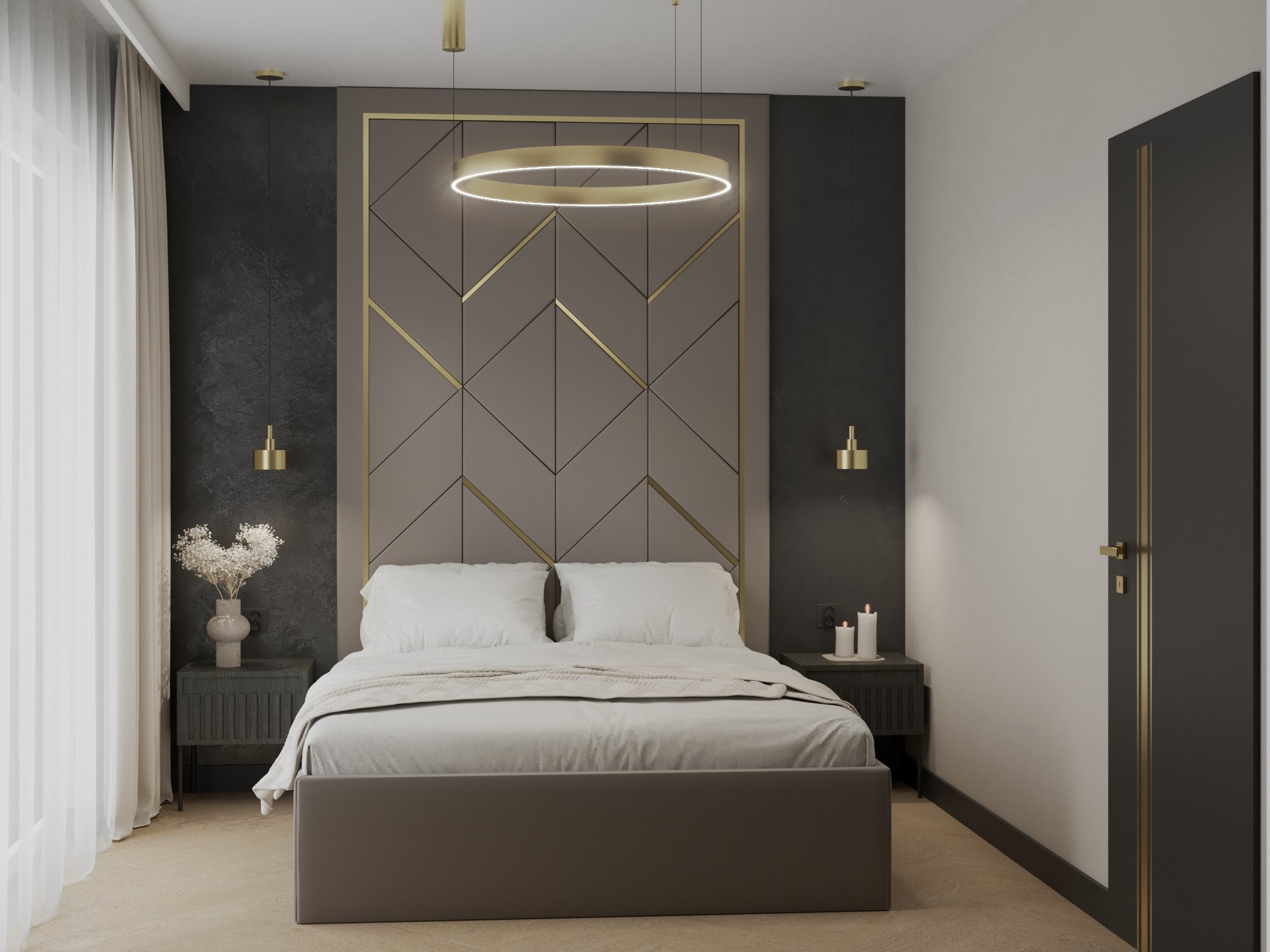 Nowoczesna sypialnia w stonowanych kolorach z podświetlanym panelem dekoracyjnym za łóżkiem, okrągła lampa wisząca i ciemne szafki nocne z dekoracjami.