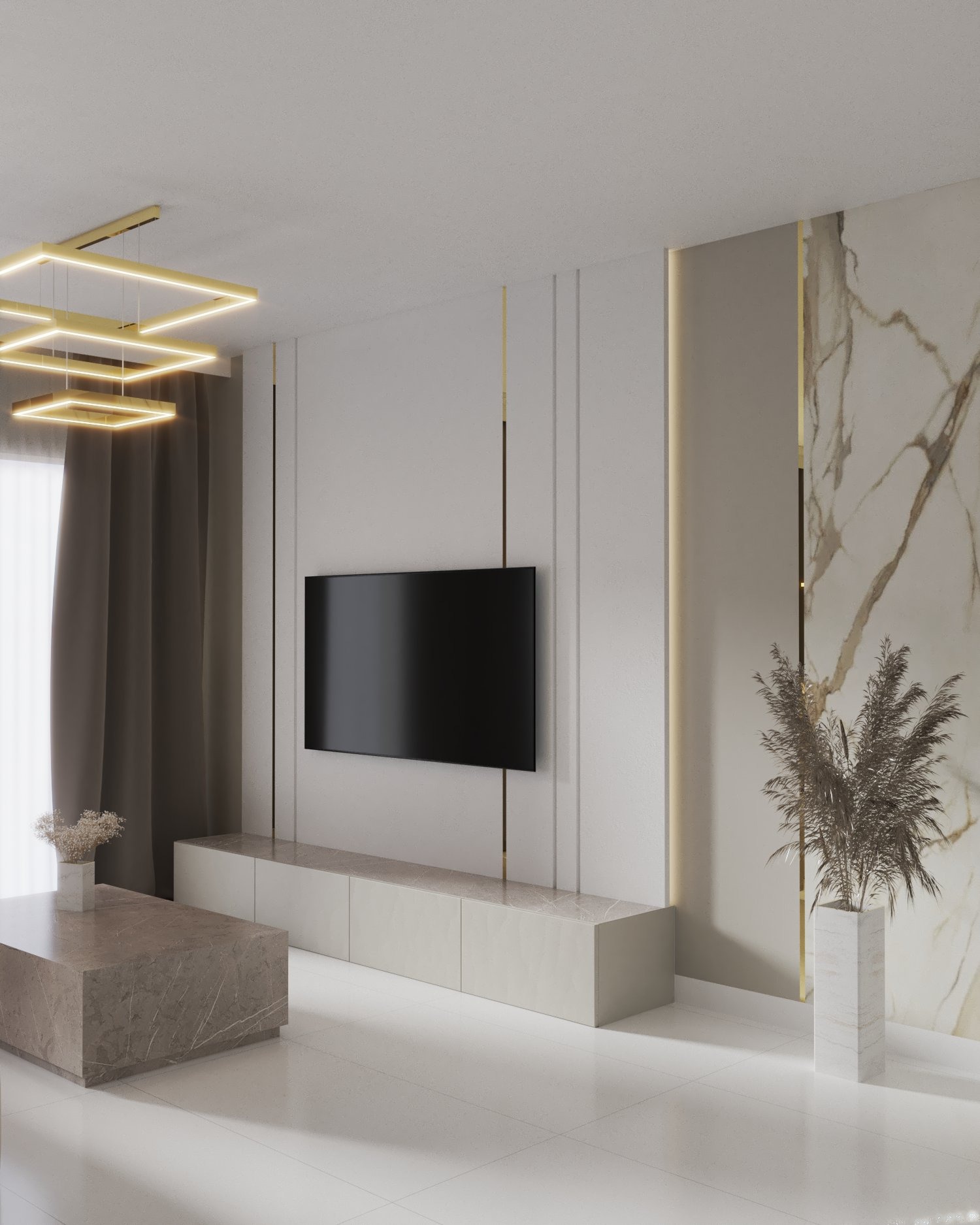 Salon z minimalistycznym wystrojem: marmurowa ściana, geometryczna lampa sufitowa, telewizor na ścianie, niska szafka RTV, marmurowy stolik kawowy i dekoracyjna trawa w kwadratowej donicy.