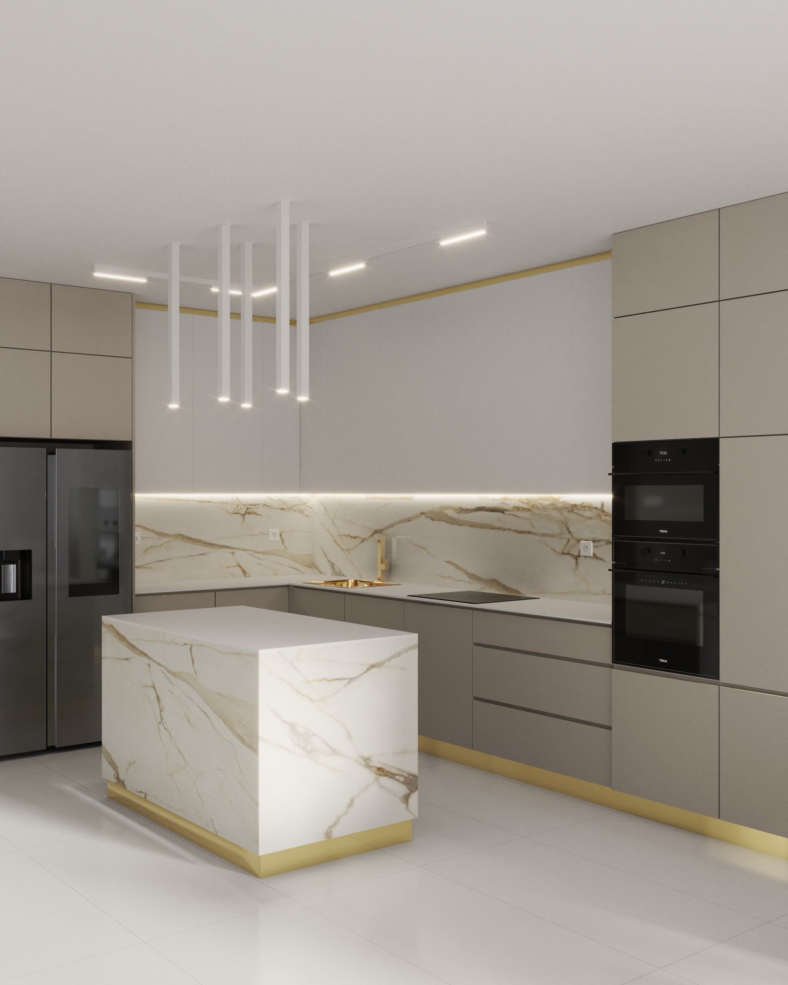 Nowoczesna kuchnia z wyspą wykończoną marmurem, oświetleniem podszafkowym i złotymi akcentami.