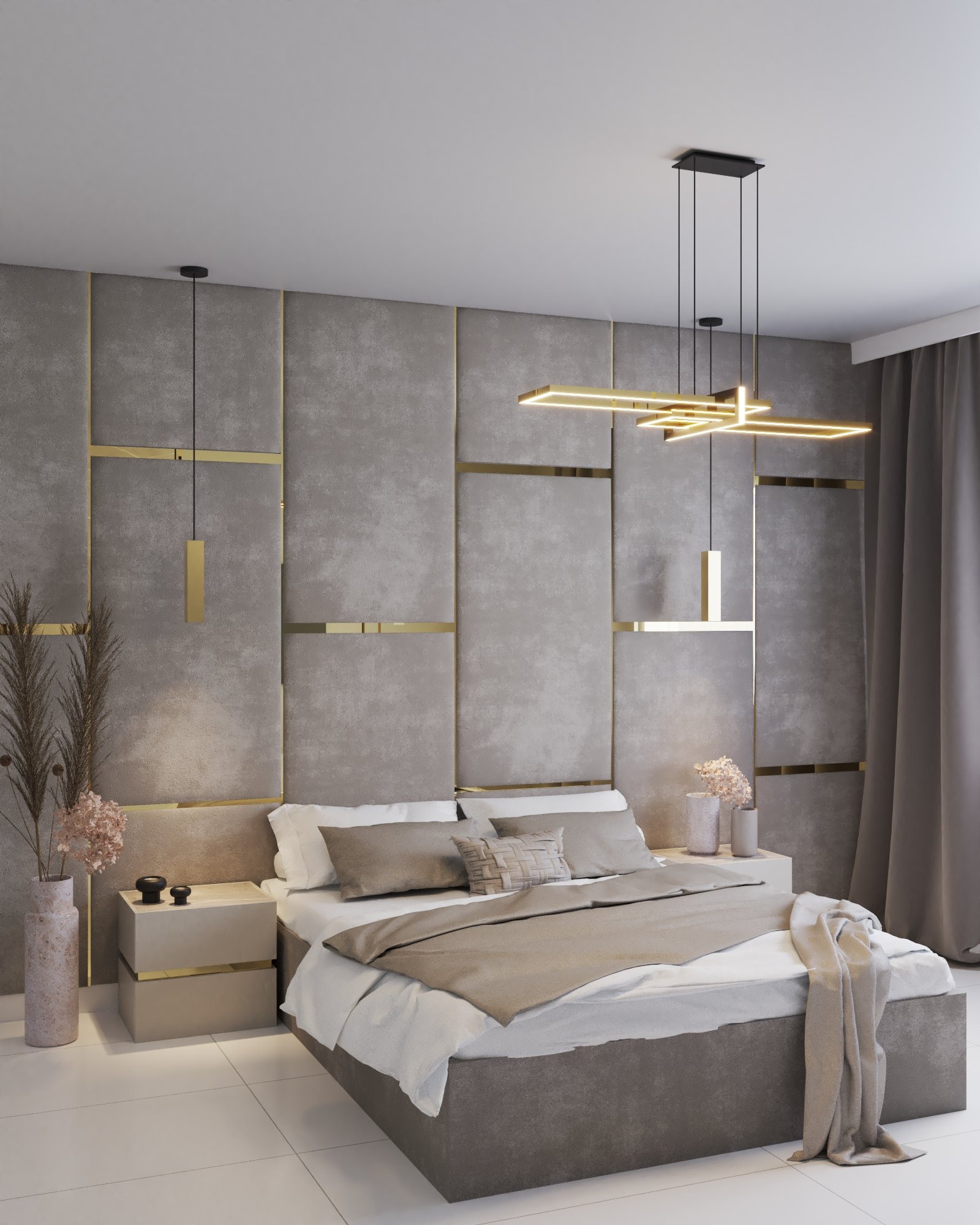 Nowoczesna sypialnia z szarymi panelami ściennymi z elementami złota, geometryczną lampą sufitową i minimalistycznymi stolikami nocnymi z dekoracjami.