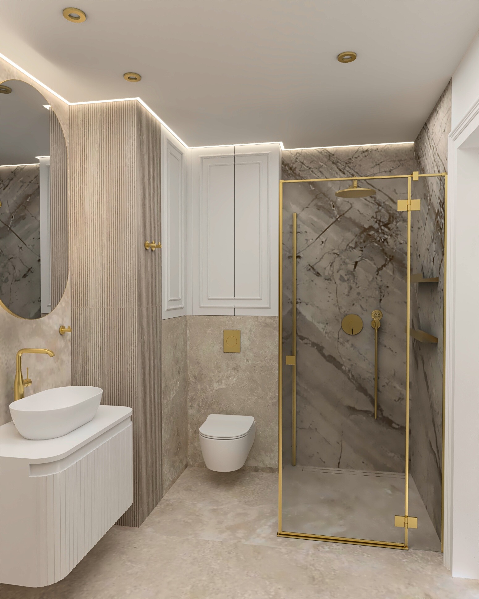 Elegancka łazienka w beżach i bieli z akcentami złota: kabina prysznicowa typu walk-in, umywalka nablatowa i toaleta podwieszana. Oświetlenie LED podkreśla detale.