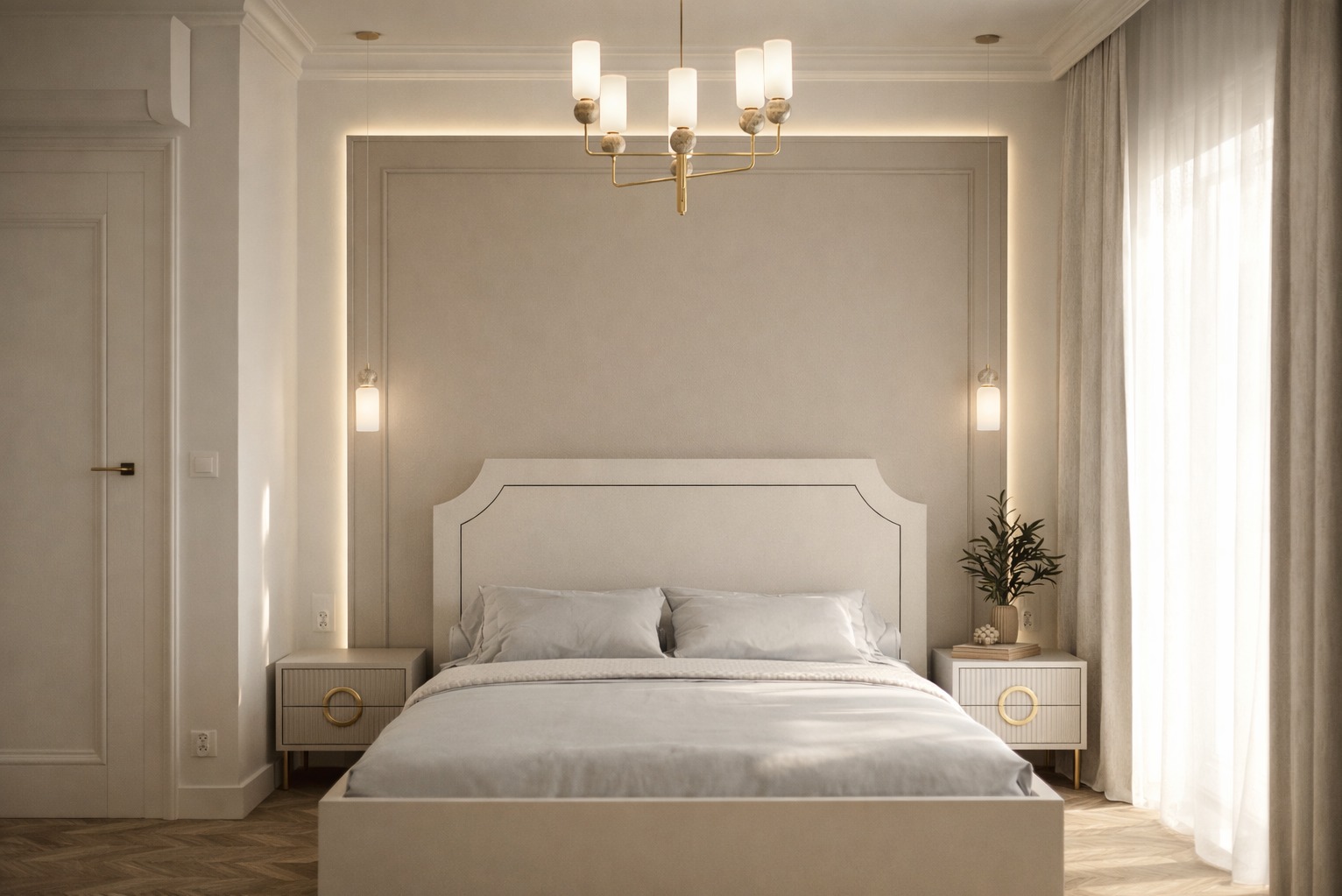 Elegancka sypialnia w beżach: łóżko z zagłówkiem, szafki nocne z lampkami, designerski żyrandol i subtelne oświetlenie LED w ramie ściany. Minimalistyczny wystrój z zasłonami.