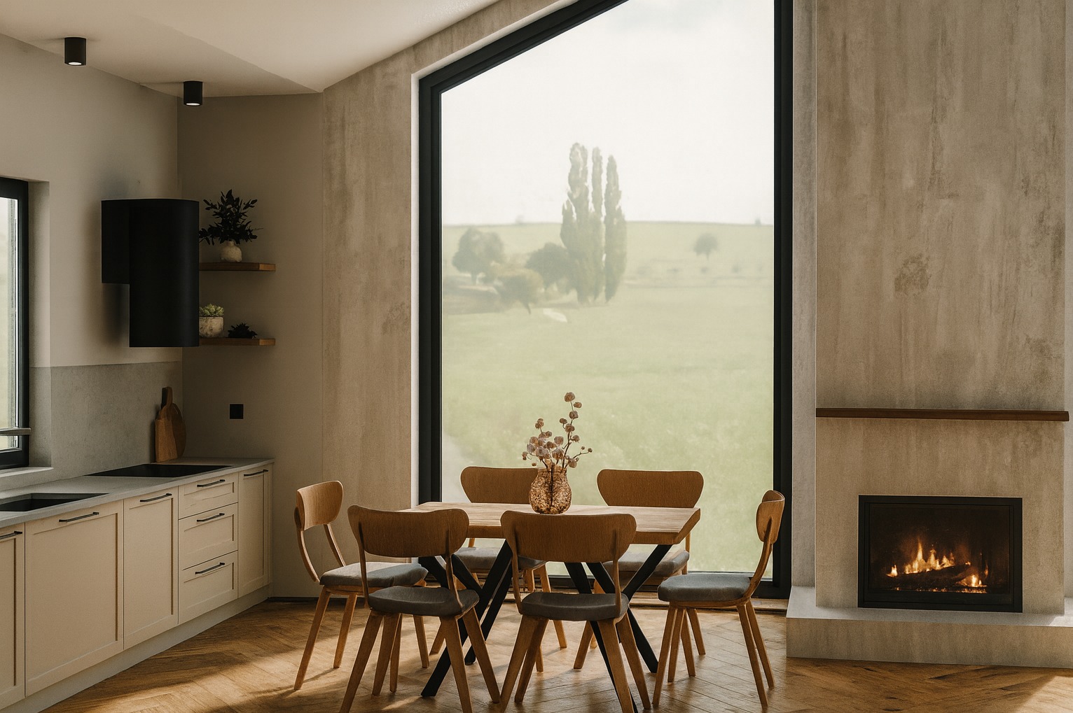 Jasna kuchnia z drewnianym stołem i krzesłami, widok na zielone pole przez duże okno. Minimalistyczny kominek z paleniskiem. Parkiet w jodełkę na podłodze.
