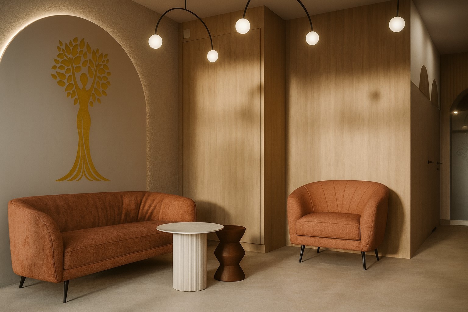 Stylowe wnętrze z sofą i fotelem w odcieniach terakoty, okrągłym stolikiem i dekoracją ścienną w kształcie drzewa. Ciepłe oświetlenie podkreśla minimalistyczny design.