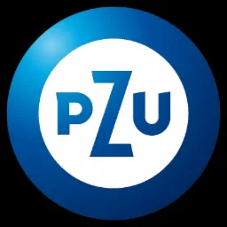 Logo PZU: białe litery na białym tle wewnątrz niebieskiego okręgu z gradientem.