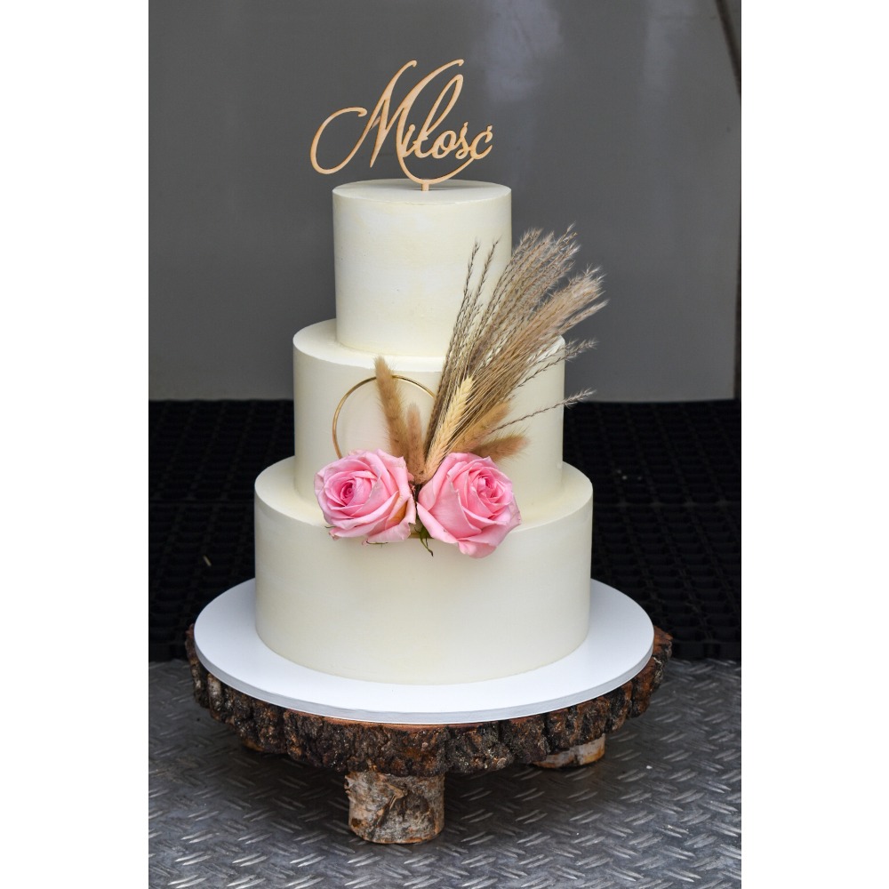 Tort Weselny Piętrowy z Napisem Miłość i Motywem Kwiatowym