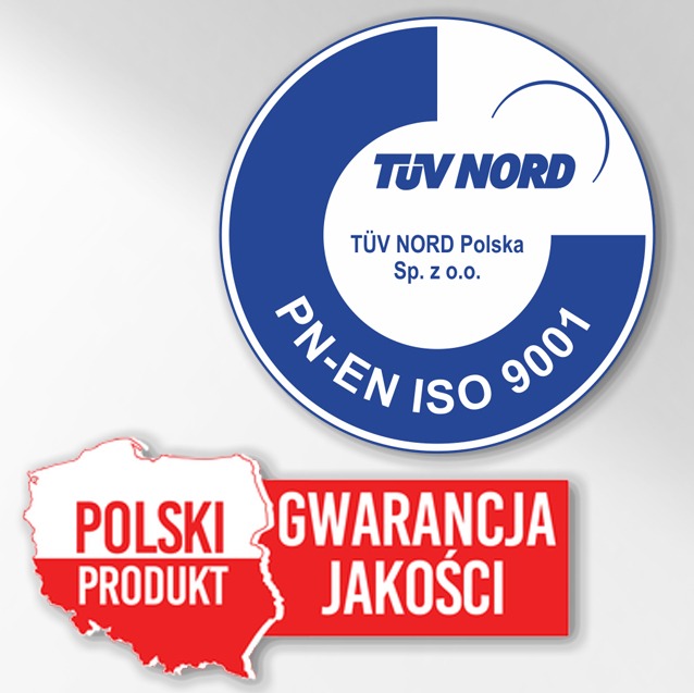 Certyfikat TÜV NORD Polska Sp. z o.o. zgodny z normą PN-EN ISO 9001 oraz oznaczenie 'Polski Produkt - Gwarancja Jakości'.