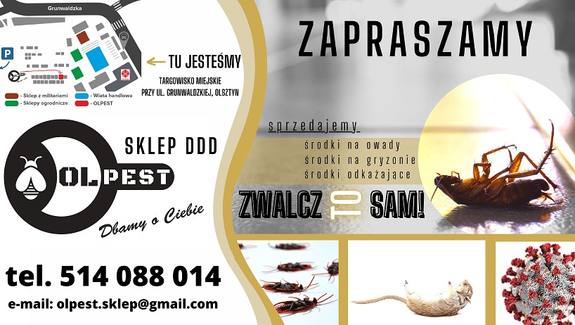 Reklama sklepu DDD Olpest z mapą dojazdu, ofertą środków na owady, gryzonie i odkażających, martwym karaluchem i myszą oraz wizualizacją wirusa.