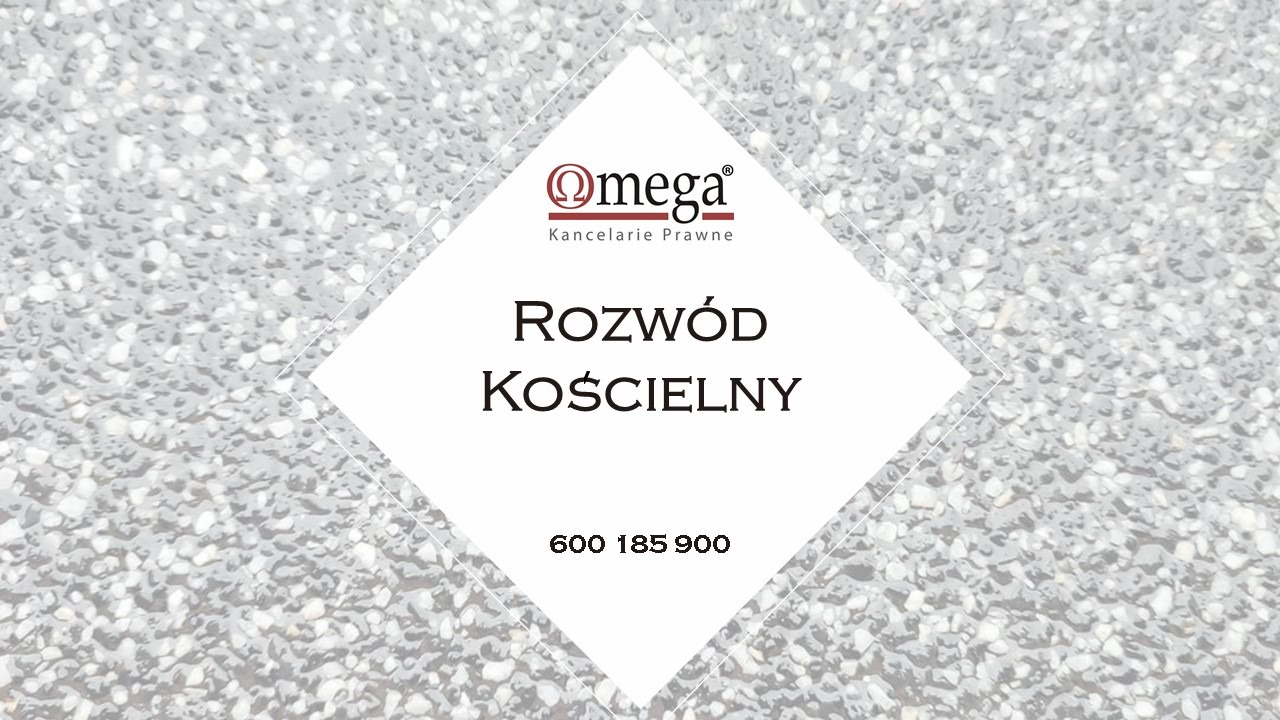 Logo kancelarii prawnej Omega z hasłem 'Rozwód Kościelny' na białym tle z szarym, rozmytym tłem imitującym kamień.