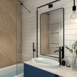 Wizualizacja łazienki z drewnianą ścianą z geometrycznym wzorem, białą armaturą, umywalką nablatową, czarną baterią i minimalistycznym oświetleniem.