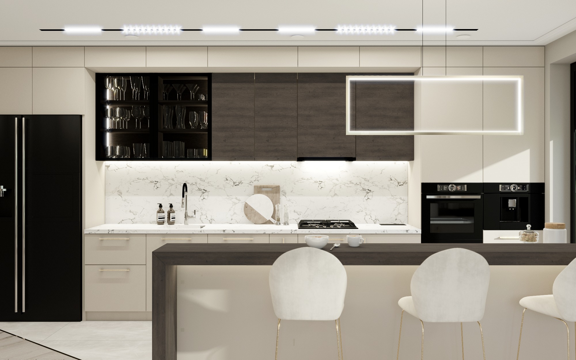 Nowoczesna kuchnia z wyspą, białe hokery z złotymi nogami, marmurowy blat, czarne AGD, przeszklona szafka z oświetleniem i dekoracyjnym oświetleniem LED.