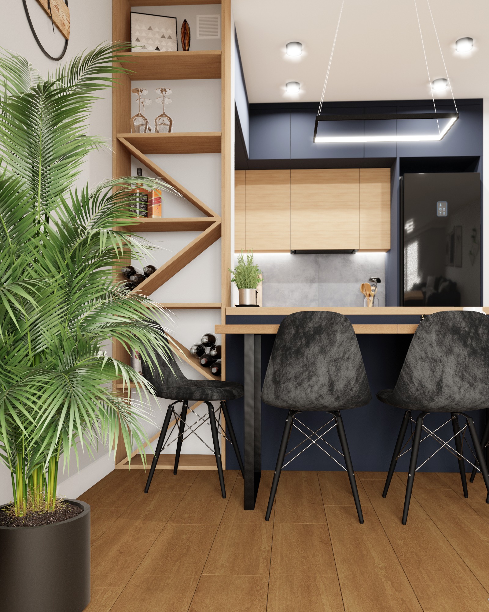 Nowoczesna kuchnia z drewnianymi szafkami, czarnymi krzesłami barowymi i regałem na wino, oświetlona wiszącą lampą LED.