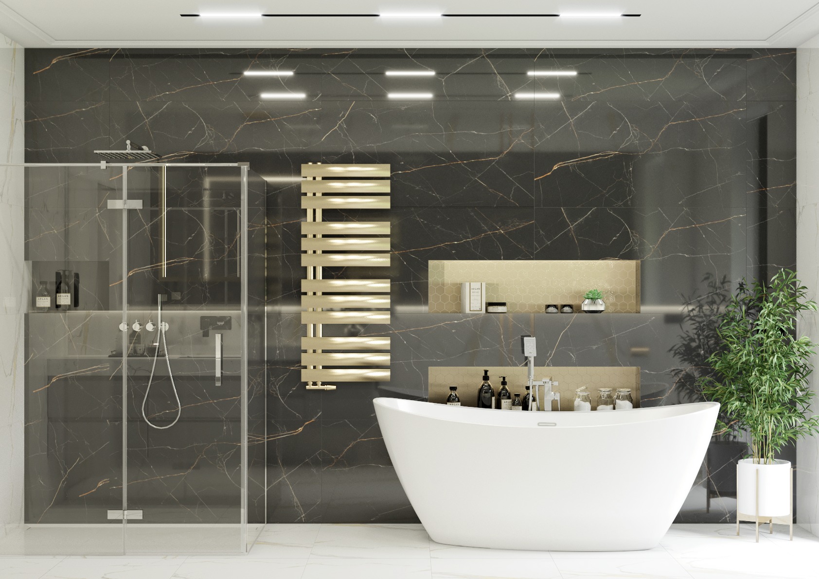 Elegancka łazienka z czarnymi płytkami imitującymi marmur, wolnostojąca biała wanna, szklana kabina prysznicowa i złoty grzejnik drabinkowy.