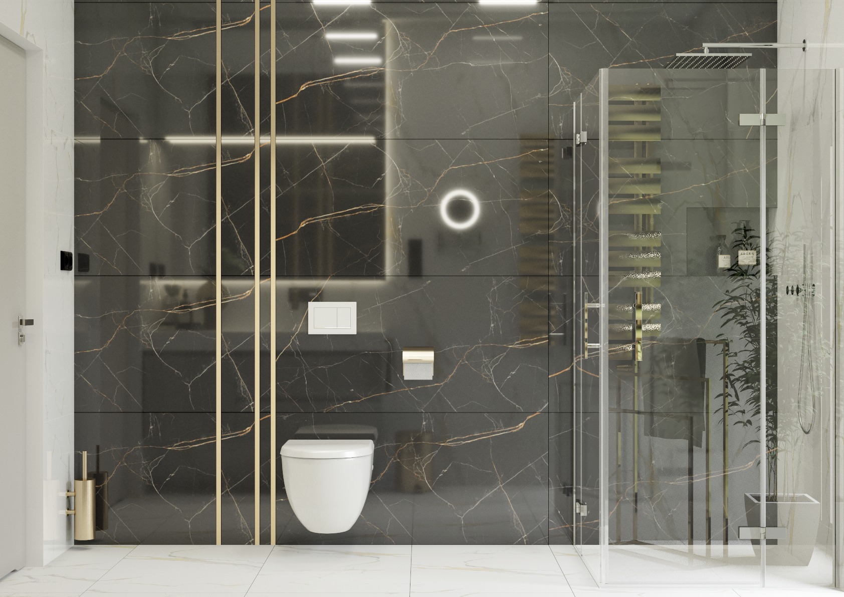 Nowoczesna łazienka z czarnymi płytkami imitującymi marmur ze złotymi żyłami, podświetlane lustro, biała ceramika i szklana kabina prysznicowa typu walk-in.