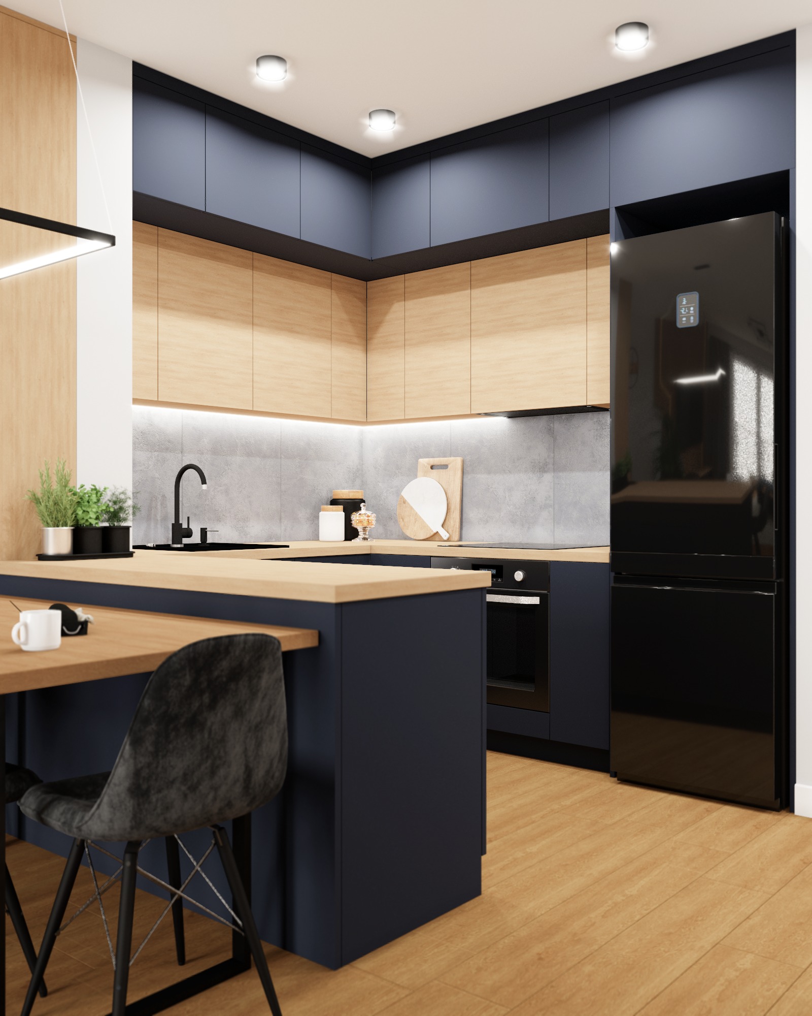 Wizualizacja nowoczesnej kuchni z drewnianymi i granatowymi szafkami, czarną lodówką, blatem z drewna, czarnym zlewem i szarą ścianą nad blatem. Na blacie widoczne akcesoria kuchenne. Na pierwszym...
