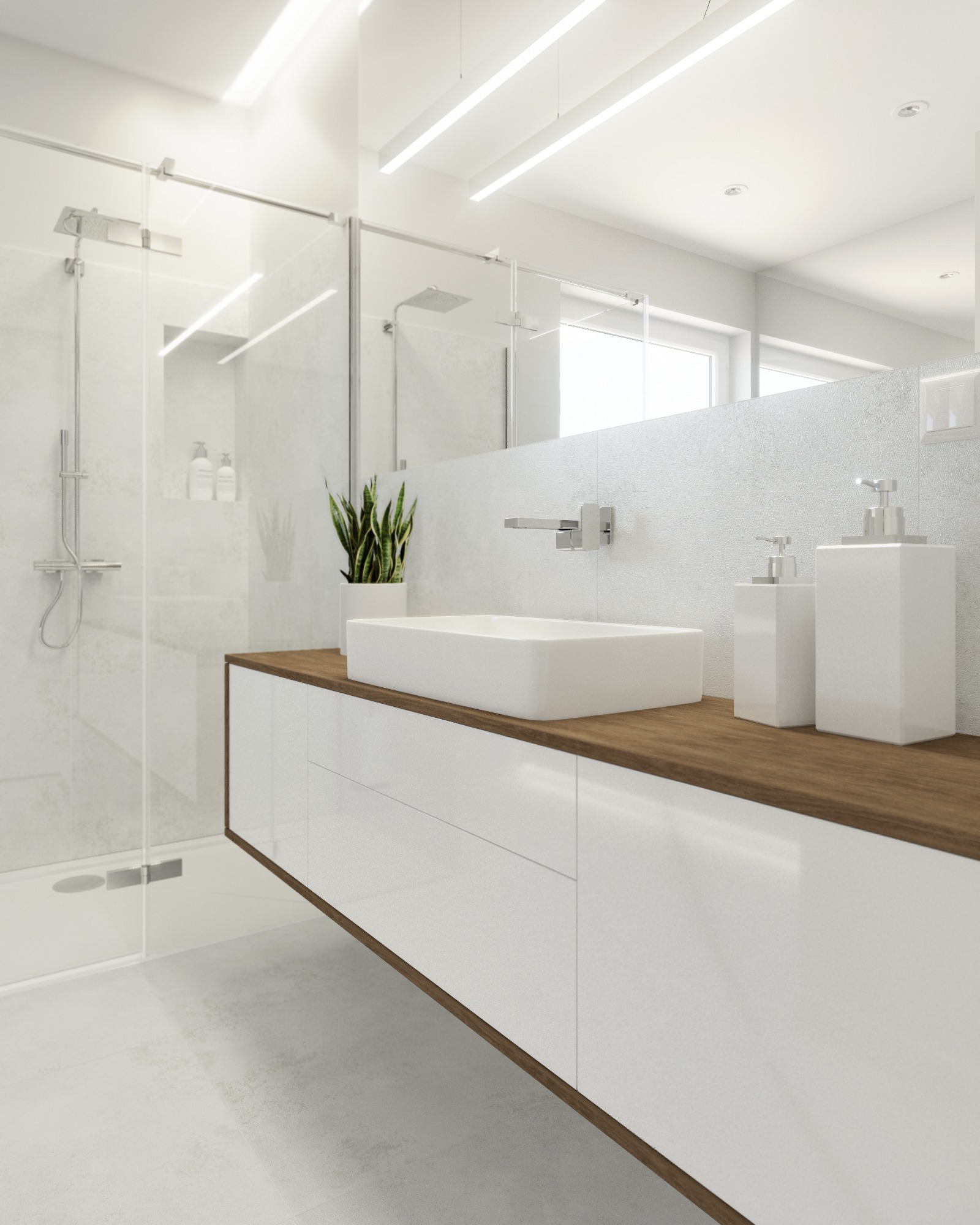 Nowoczesna łazienka w jasnych barwach z drewnianym blatem pod umywalką, minimalistyczna armatura i szklana kabina prysznicowa.