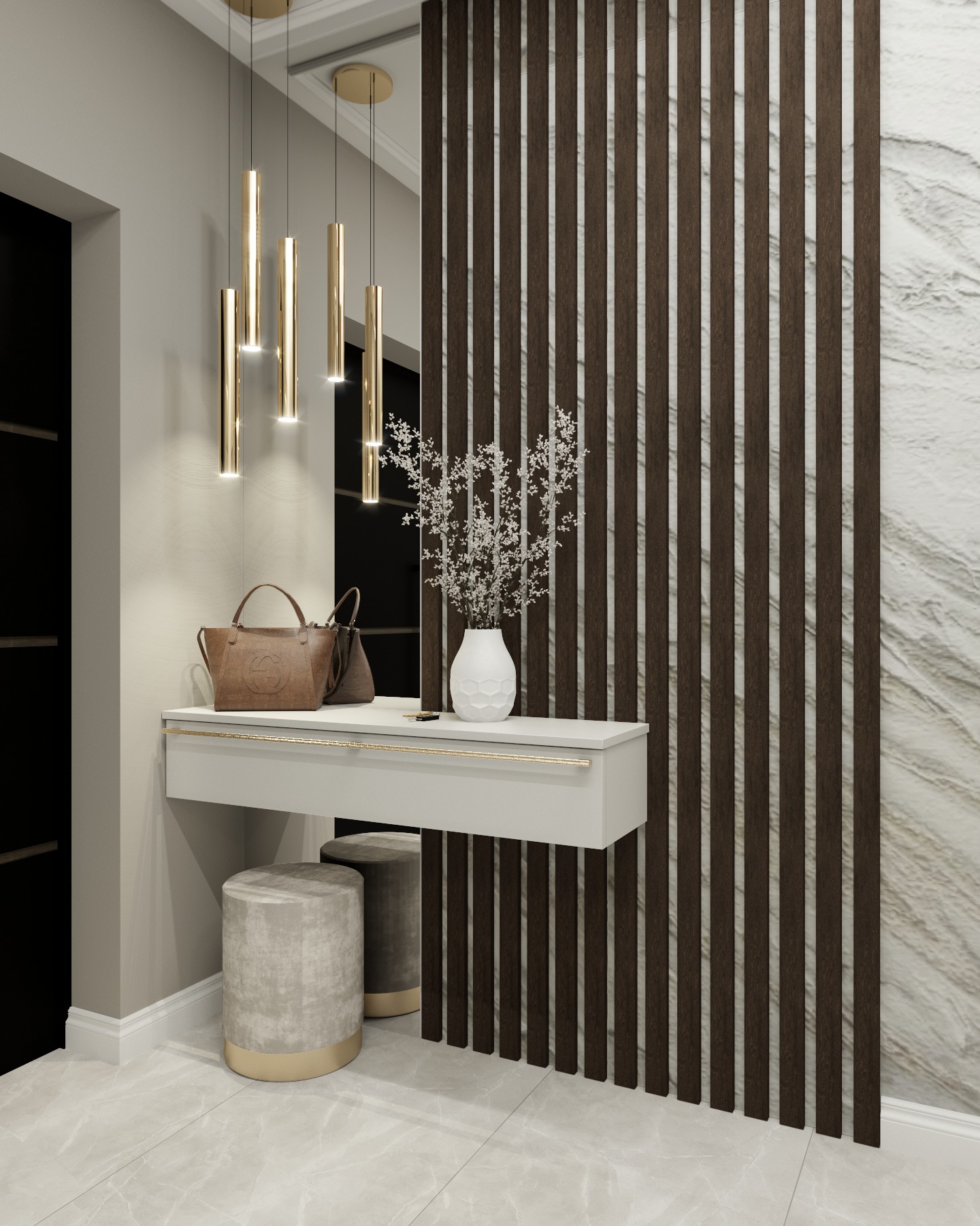 Nowoczesny przedpokój z toaletką, okrągłym pufem, dekoracyjną ścianką z drewnianych listew i marmuru, oraz wiszącymi lampami tubami.