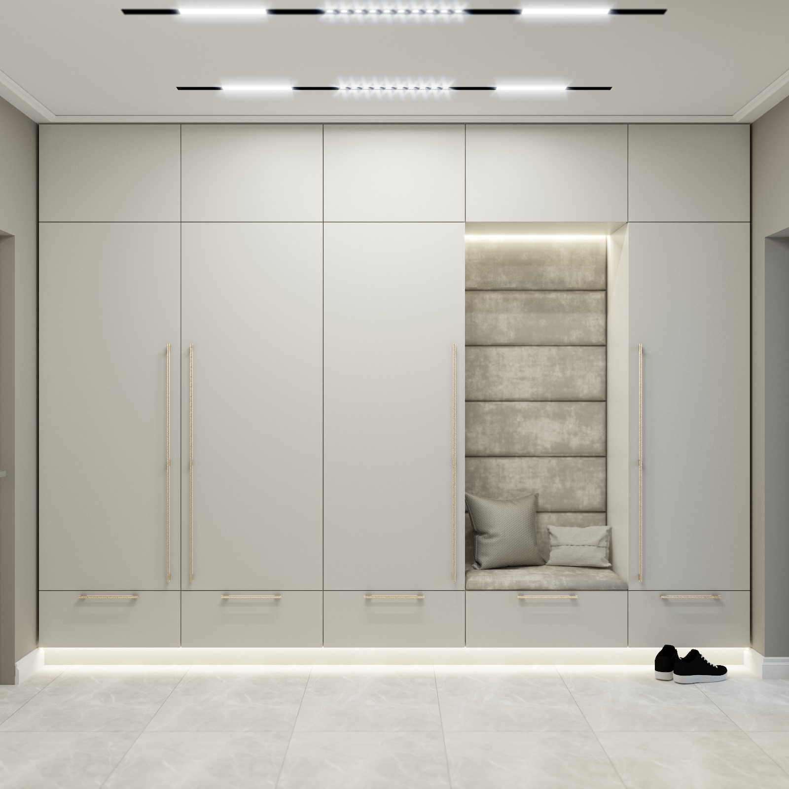 Szafa w przedpokoju z wnęką do siedzenia wykończoną tapicerowanym panelem ściennym i podświetleniem LED, uzupełniona poduszkami, z parą czarnych butów sportowych na podłodze.