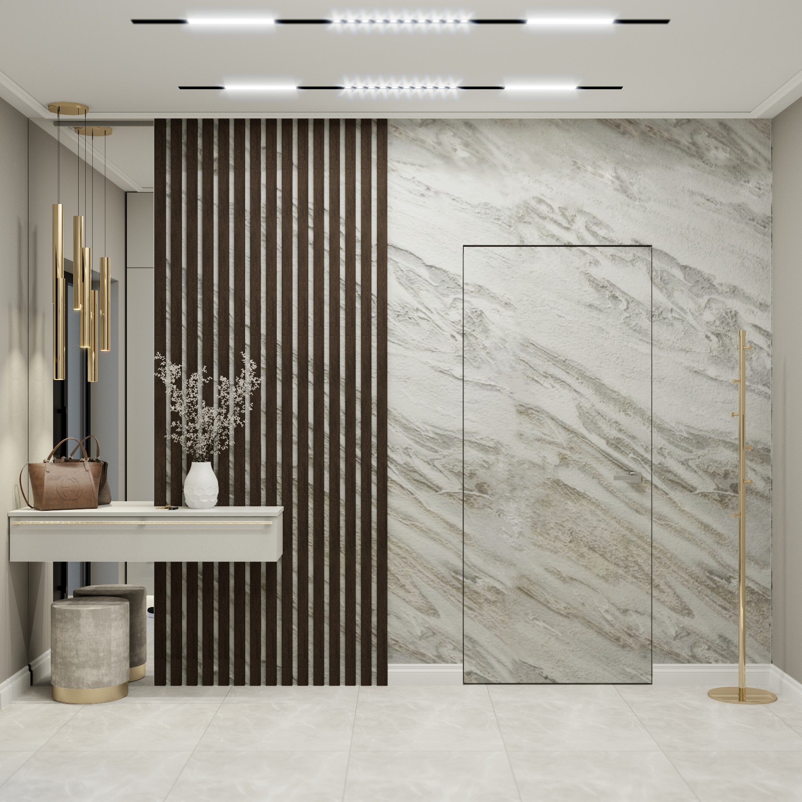 Nowoczesny przedpokój z konsolą, lustrem, dekoracyjną ścianą z drewnianych listew i ukrytymi drzwiami w marmurowej ścianie.