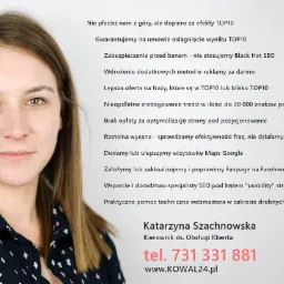 Portret kobiety, Katarzyny Szachnowskiej, Kierownika ds. Obsługi Klienta, na tle tekstu o ofercie firmy z zakresu pozycjonowania stron i optymalizacji SEO, w tym aktualizacji wizytówki Google Maps...