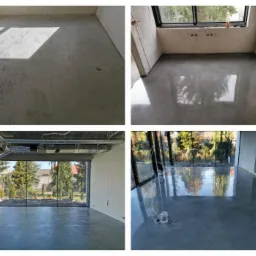 Cztery ujęcia szlifowanej posadzki w surowym wnętrzu z dużymi oknami, widoczne odbicia krajobrazu i instalacje wentylacyjne pod sufitem.