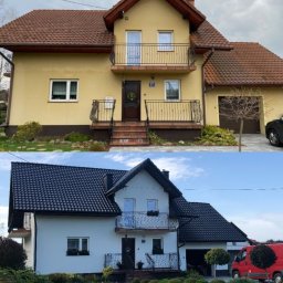 Complex-Dach Dawid Dębski - Porównanie domu jednorodzinnego przed i po renowacji: żółta elewacja i brązowa dachówka przed, biała elewacja i czarna dachówka po, zieleń wokół domu.