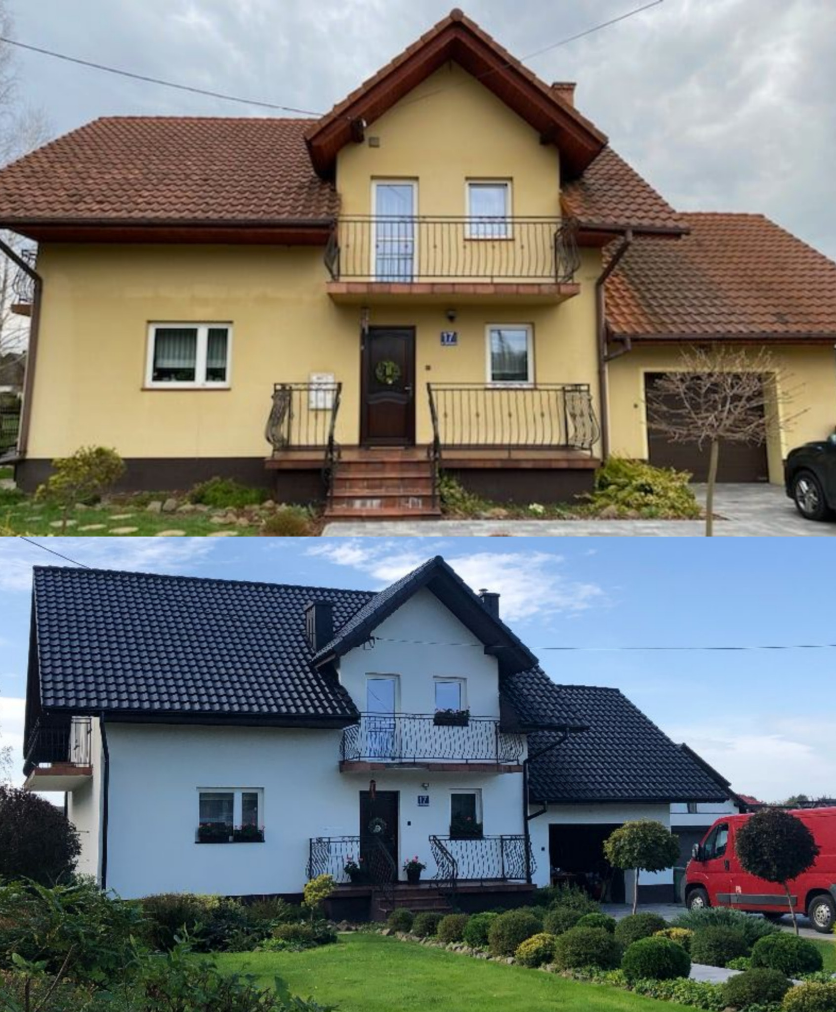 Porównanie domu jednorodzinnego przed i po renowacji: żółta elewacja i brązowa dachówka przed, biała elewacja i czarna dachówka po, zieleń wokół domu.