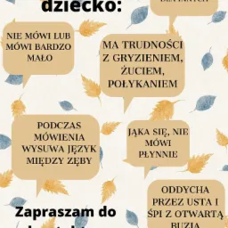 Infografika z tekstem informującym o problemach z mową u dzieci, zachęcająca do kontaktu z logopedą mobilnym Anną Bęben ze Starej Błotnicy, z podanym numerem telefonu i ozdobnymi elementami...