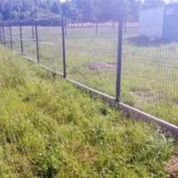 Długi, ciemny metalowy płot panelowy z podmurówką betonową, biegnący wzdłuż zarośniętego trawnika w kierunku oddalonych drzew i budynku gospodarczego w tle.