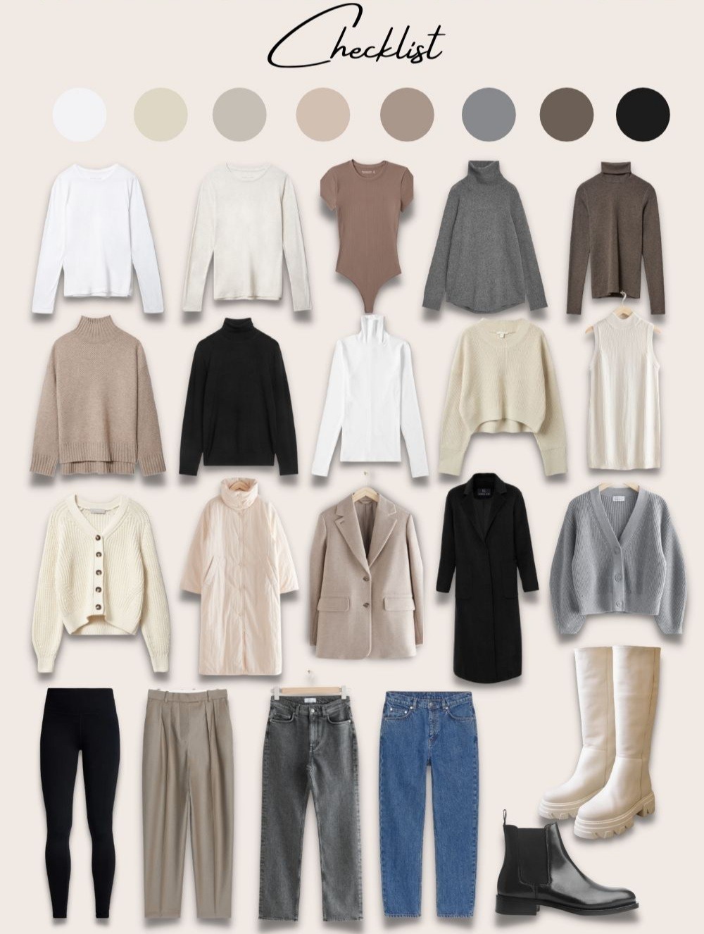 Kolaż ubrań w neutralnych kolorach, prezentujący garderobę kapsułową na jesień i zimę, w tym swetry z golfem, spodnie dżinsowe, legginsy, płaszcze i botki.