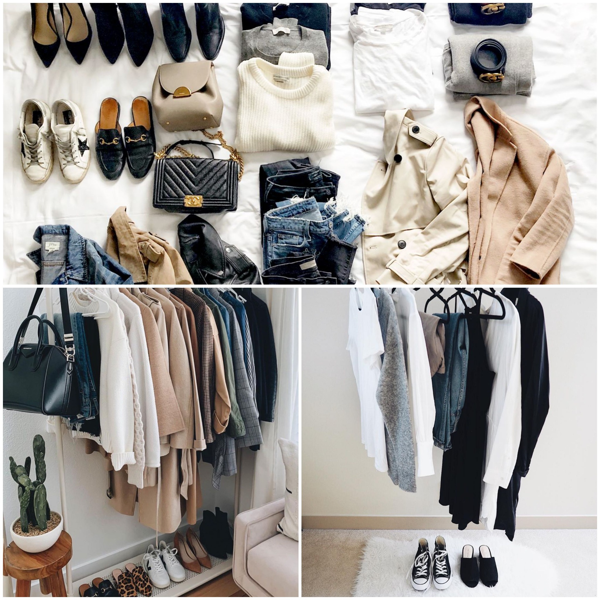 Starannie ułożone ubrania i akcesoria: buty, torebki, swetry, koszule, płaszcze i dżinsy, prezentowane na łóżku i w szafie, z uwzględnieniem kolorystyki i stylu.