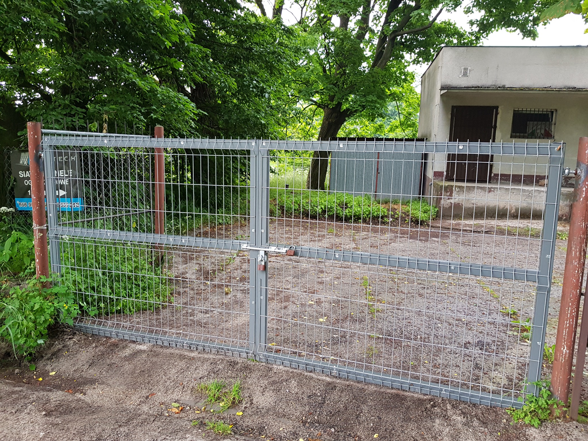 Szara brama ogrodzeniowa z siatki, zabezpieczona kłódką, na tle zieleni i budynku gospodarczego.