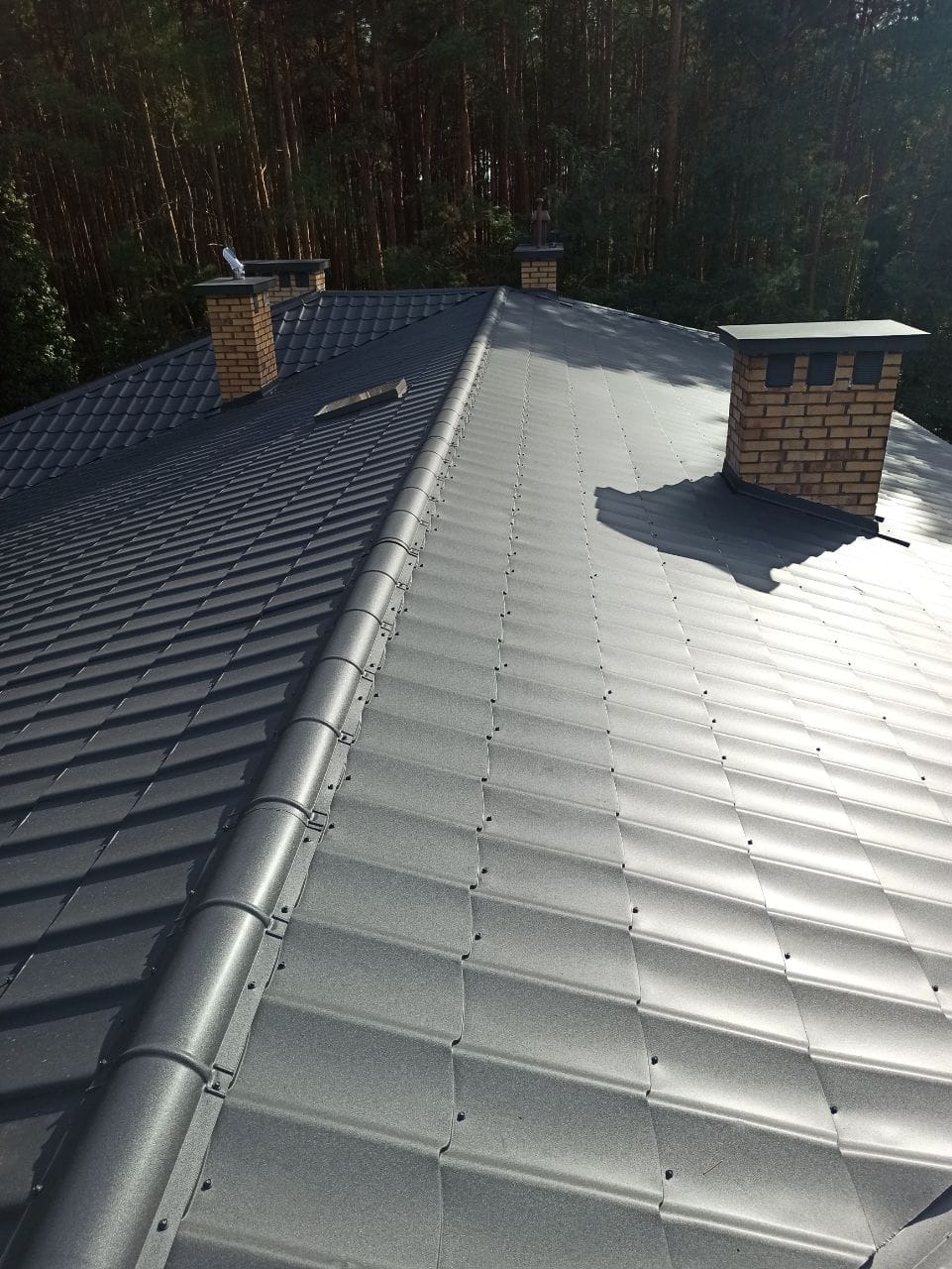 Nowy, grafitowy dach z dachówki modułowej, widoczne kominy z cegły klinkierowej i las w tle.