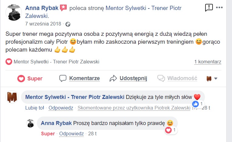 Zrzut ekranu z Facebooka z rekomendacją dla trenera personalnego Piotra Zalewskiego, opisującą go jako super trenera z pozytywną energią i dużą wiedzą.