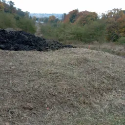 Stos czarnej ziemi i warstwa suchej trawy na nierównym terenie z widokiem na drzewa i budynki w oddali.