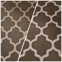 Dywan w marokański wzór, podzielony na dwie części ukazujące stan przed i po czyszczeniu, z widoczną różnicą w zabrudzeniach.