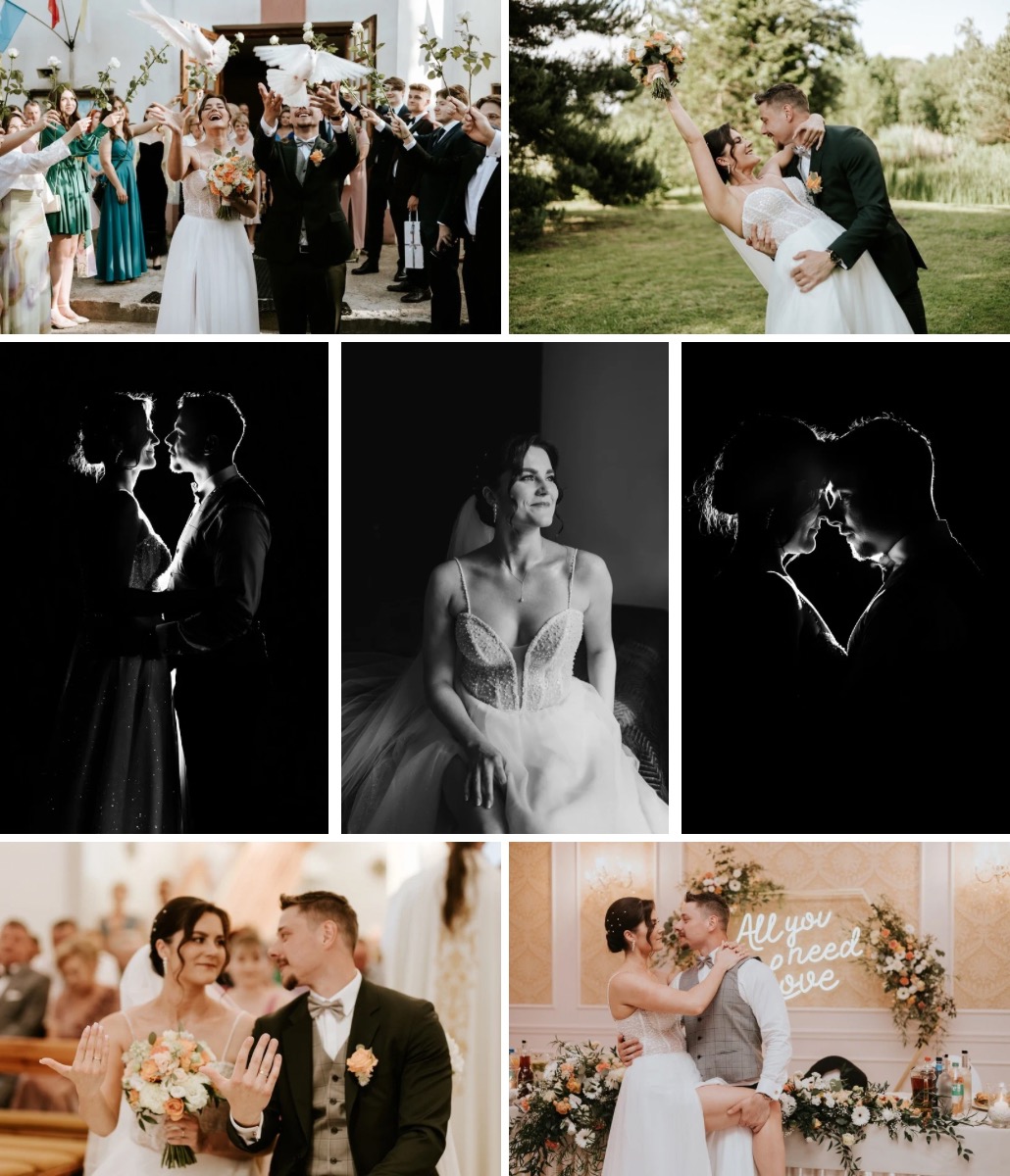 Kolaż z różnych ujęć ślubnych: para wypuszcza gołębie, taniec w plenerze, portret w czerni i bieli, panna młoda w pokoju, wymiana obrączek, para przy stole.