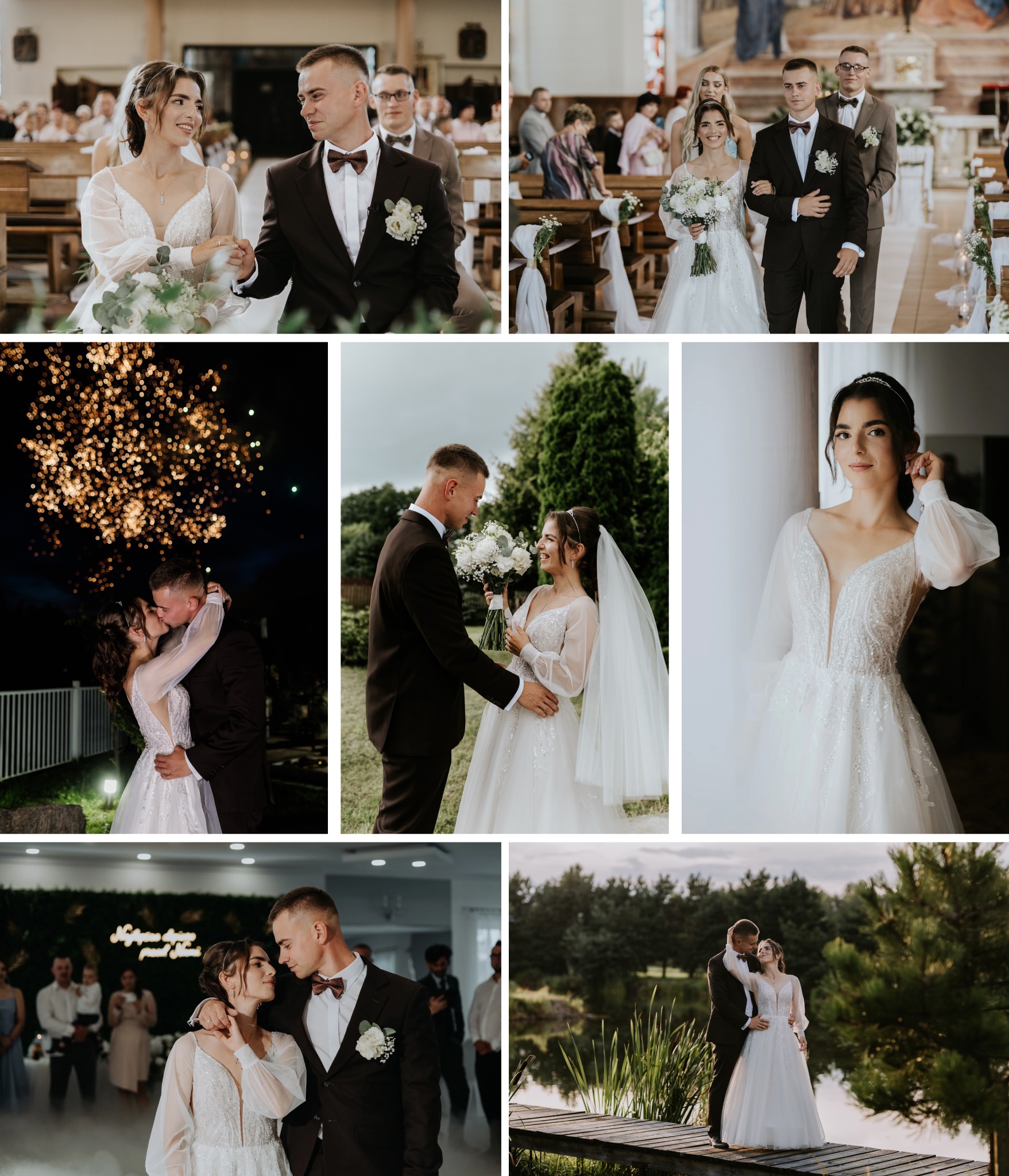 Kolaż z wesela: ceremonia w kościele, pocałunek na tle fajerwerków, para młoda na pomoście nad jeziorem. Eleganckie stroje, bukiet, uśmiechy.