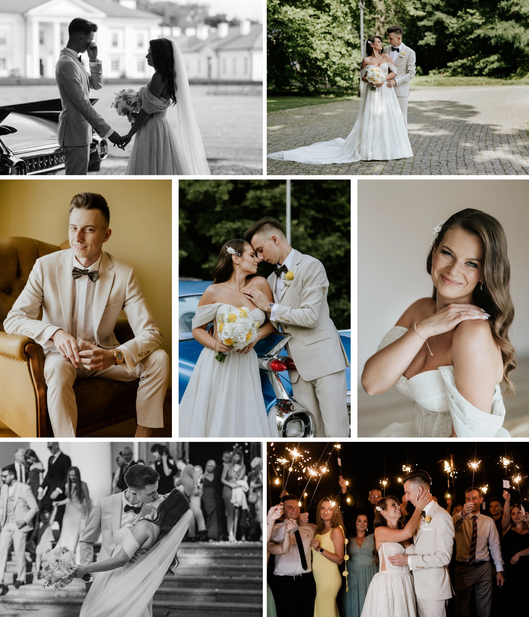 Kolaż z sesji ślubnej: para młoda w różnych ujęciach, od eleganckich portretów po radosne sceny z gośćmi i zimnymi ogniami. Dominują jasne barwy i romantyczna atmosfera.