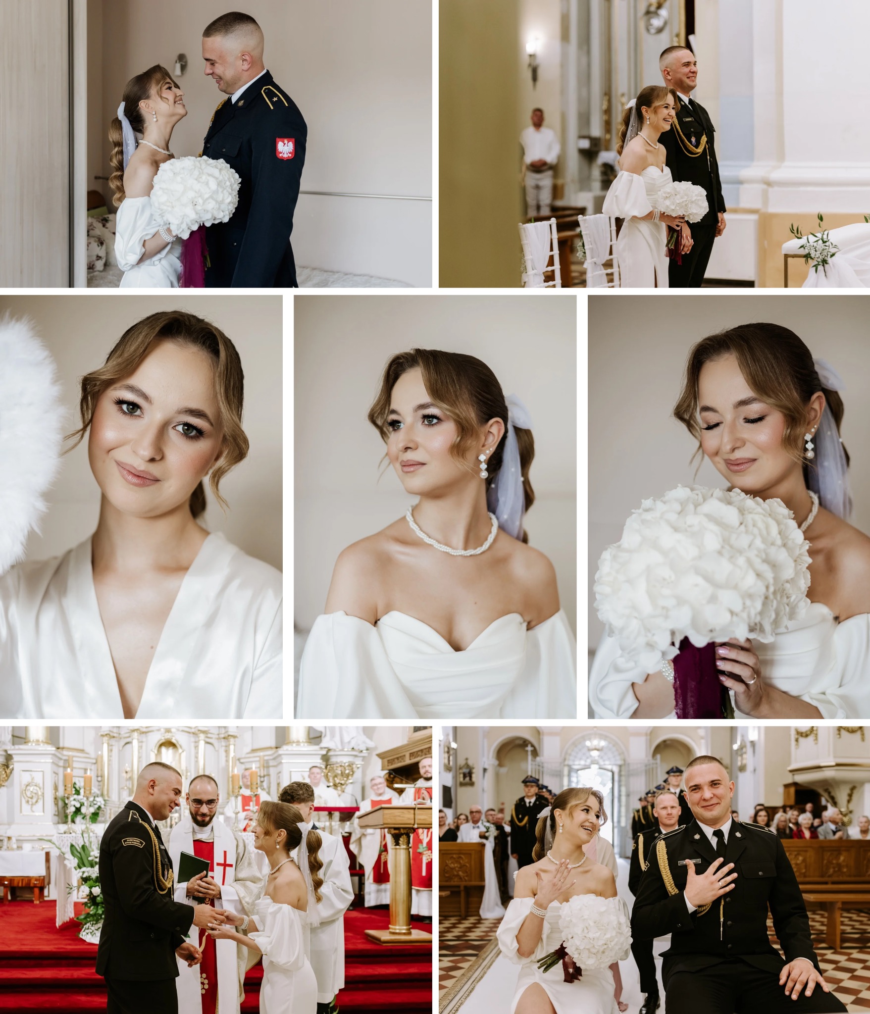 Kolaż z uroczystości ślubnej w Siedlcach: panna młoda w białej sukni i pan młody w mundurze, uśmiechnięci podczas ceremonii i w trakcie przygotowań.