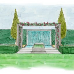 Plantopia Studio - Akwarelowy projekt ogrodu z wodospadem, cyprysami i pergolą obrośniętą różami.