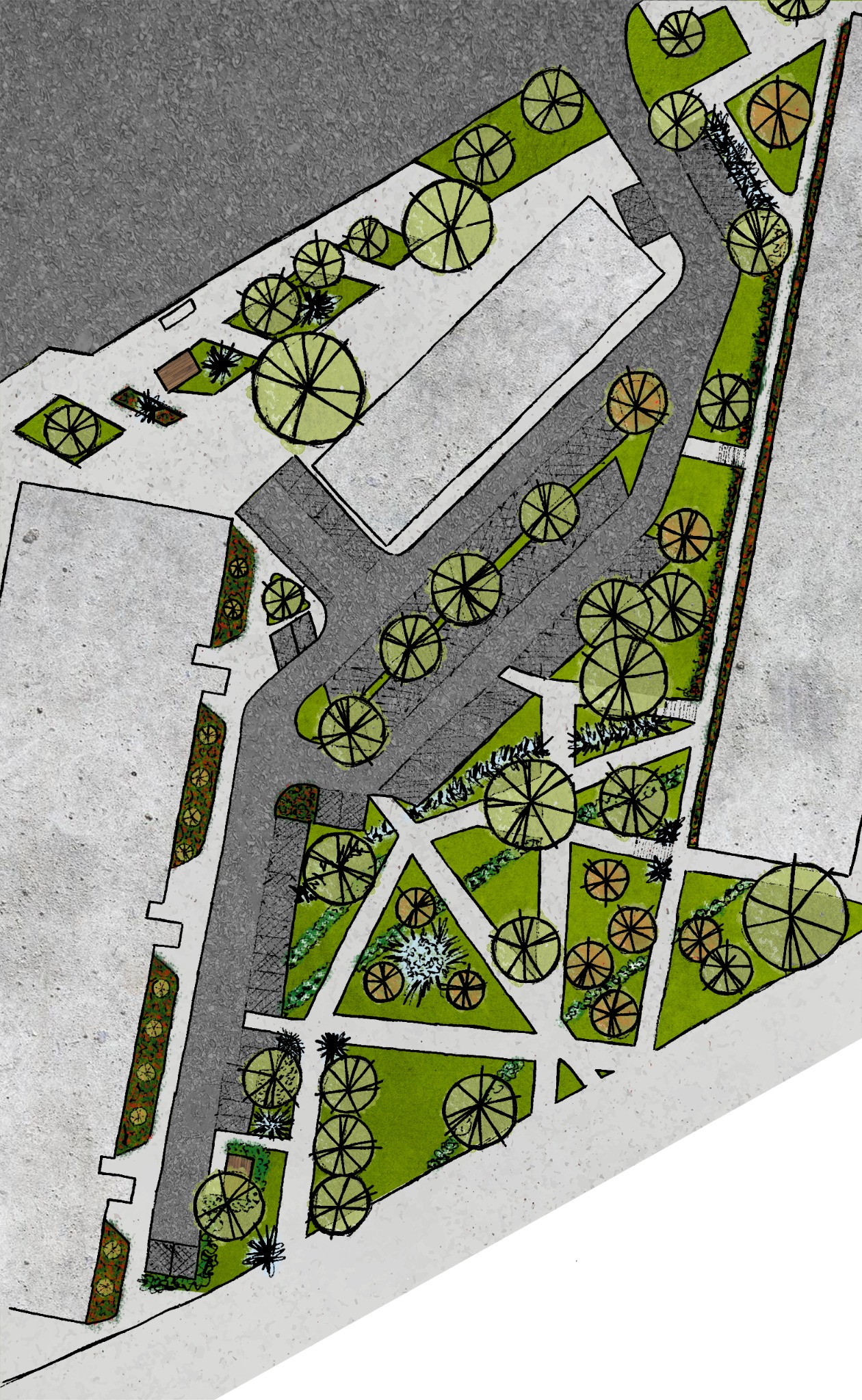 Ręcznie rysowany, kolorowy plan zagospodarowania terenu wokół budynku usługowego, z zaznaczonymi ścieżkami, trawnikami, drzewami i rabatami kwiatowymi.