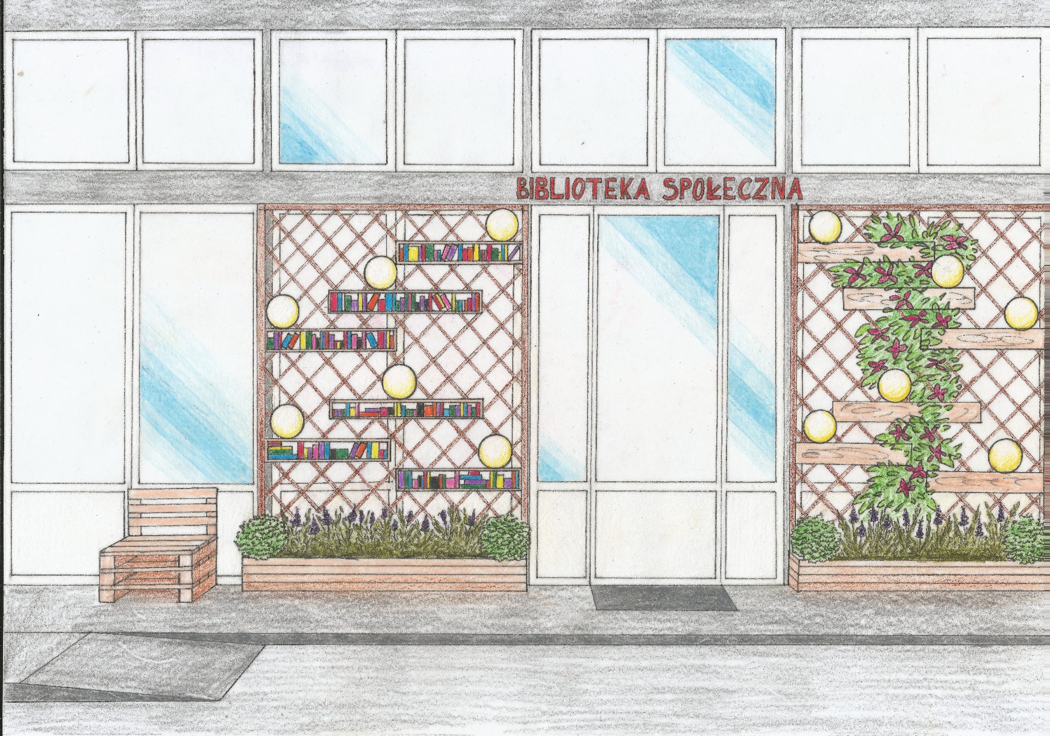 Kolorowy szkic elewacji budynku 'Biblioteka Społeczna' z trejażem, półkami z książkami, pnączami, kulistymi lampami i drewnianą ławką z palet.