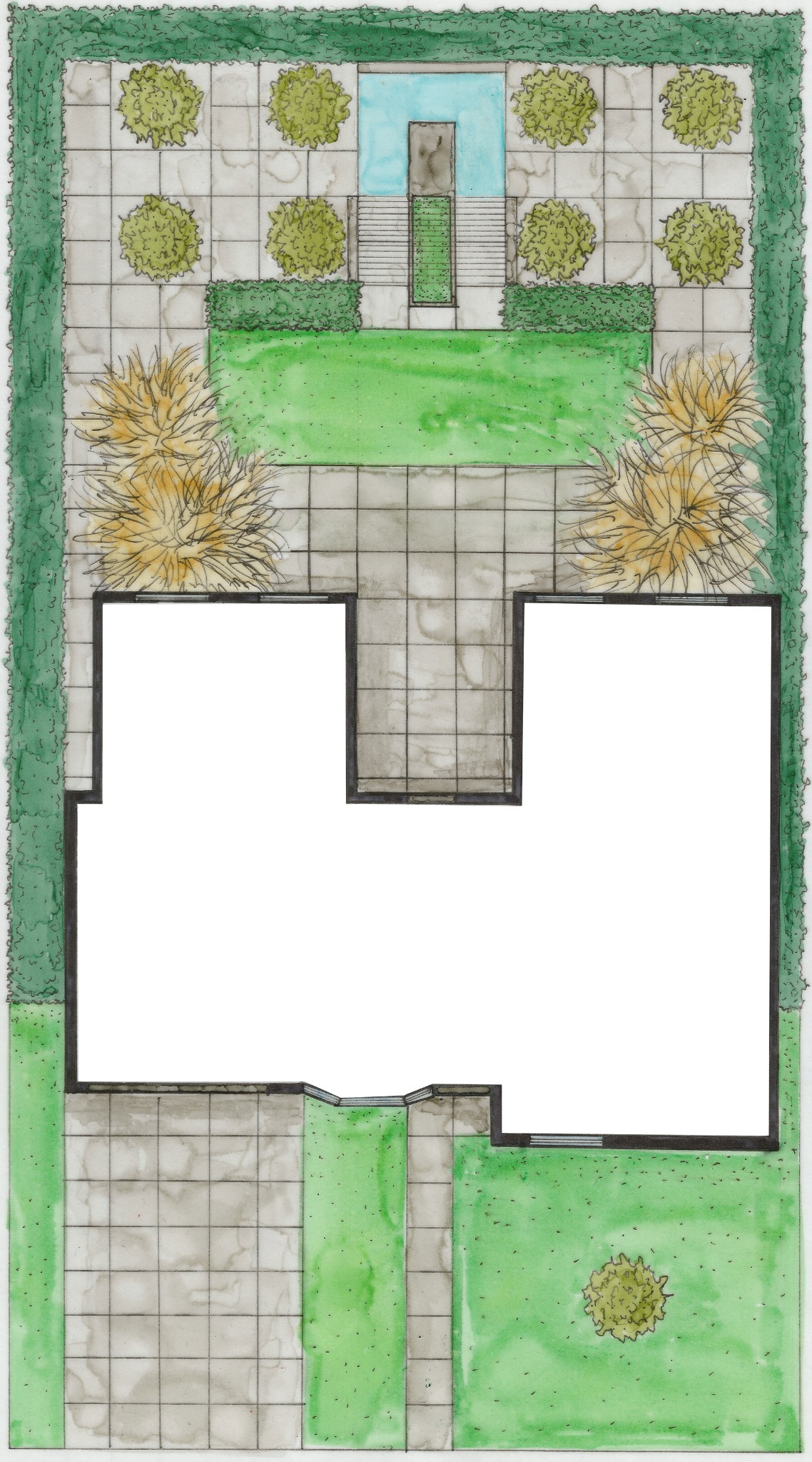 Ręcznie rysowany plan zagospodarowania ogrodu z basenem, tarasem i roślinnością ozdobną, widok z góry.