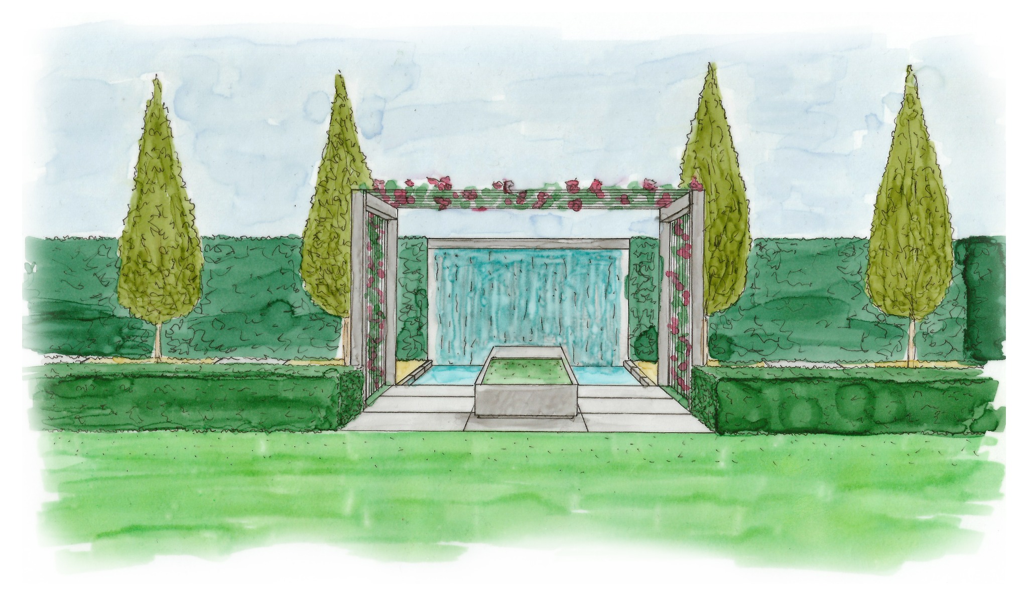 Akwarelowy projekt ogrodu z wodospadem, cyprysami i pergolą obrośniętą różami.