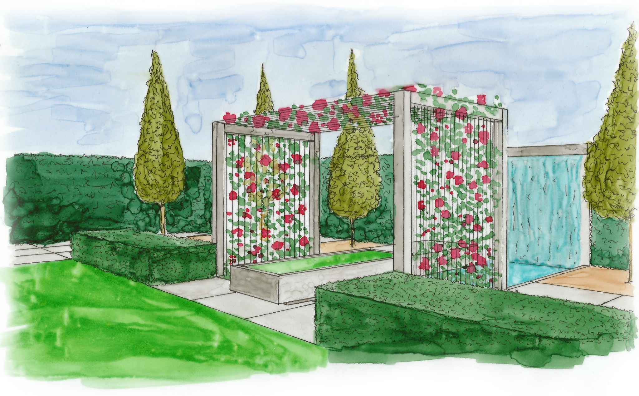 Szkic koncepcyjny ogrodu z pergolą porośniętą różami, strzyżonymi żywopłotami i fontanną kaskadową w tle.