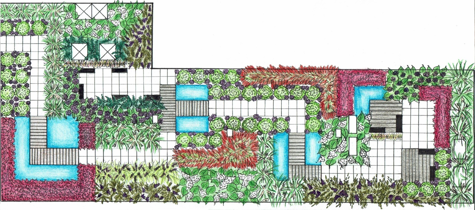 Kolorowy rysunek odręczny przedstawiający plan zagospodarowania ogrodu z elementami wodnymi, roślinnością ozdobną i utwardzonymi ścieżkami na siatce kwadratów.