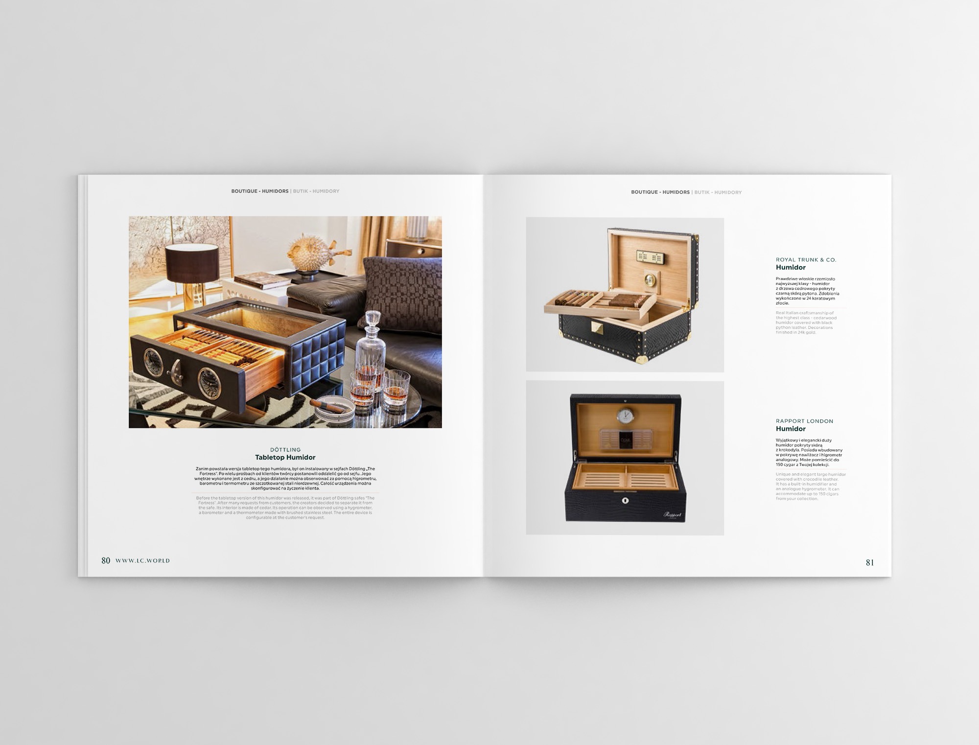Zdjęcie z katalogu prezentujące luksusowe humidory do cygar, w tym model stolikowy z wbudowanym higrometrem i termometrem, oraz otwarty humidor z drewna cedrowego pokryty skórą krokodyla.